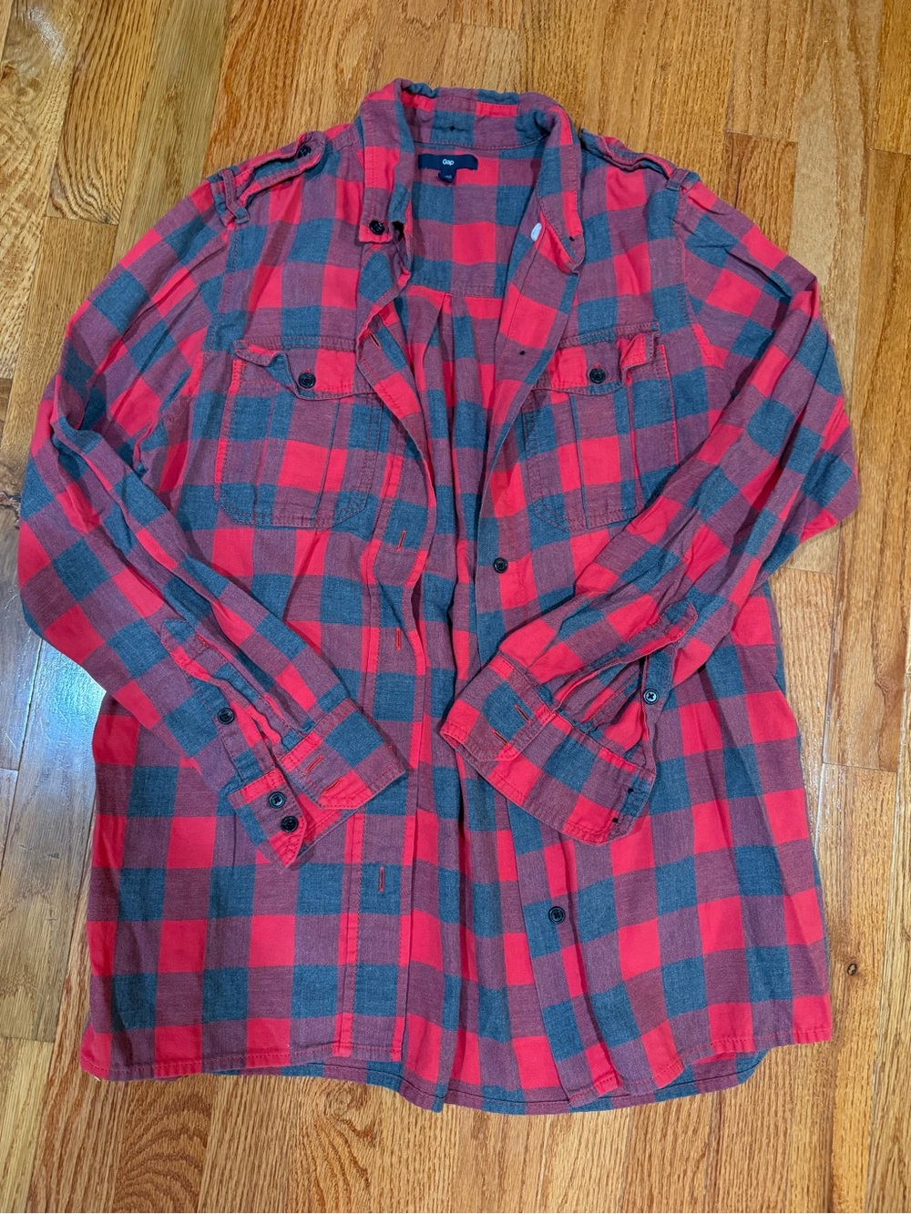 GAP Red and Gray Plaid Casual Button-Down Shirt